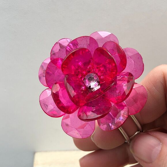 Hot Pink Flower Bracelet Faceted Transparent Acrylic Lucite Rose Crystal Clamper - Picture 3 of 10